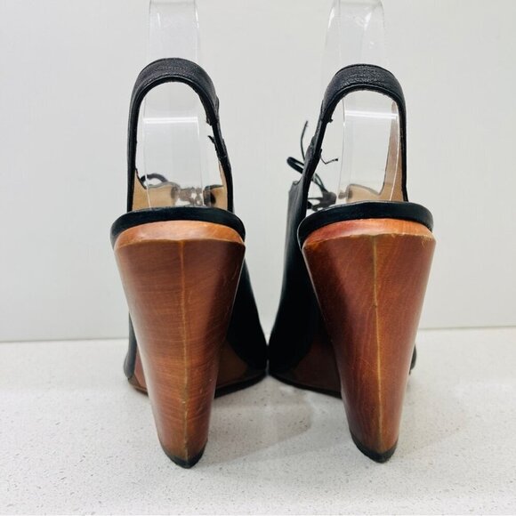 Boutique 9 Lace Up Heels Wood Block Wedge Black Leather Boho Peep Toe Sz 6.5  M - Picture 6 of 14